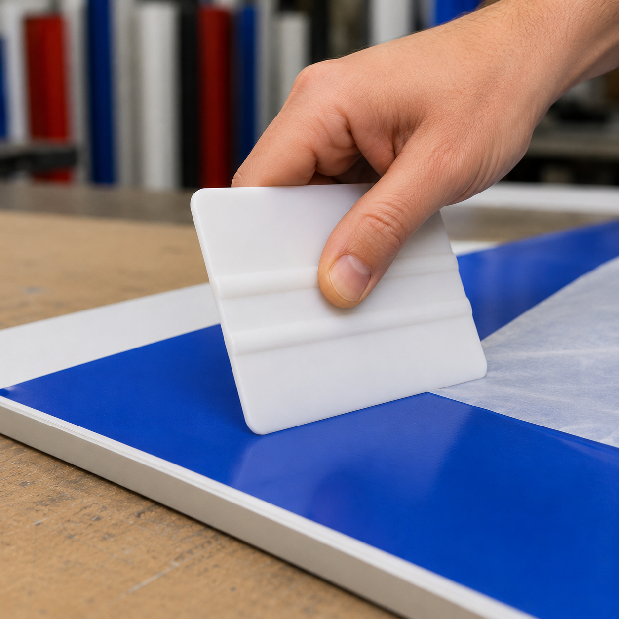 Applying sign vinyl to a panel with a 4 inch white squeegee