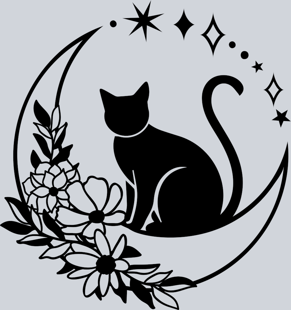 DTF Transfer Cats - Cat silhouette with star frame and floral moon