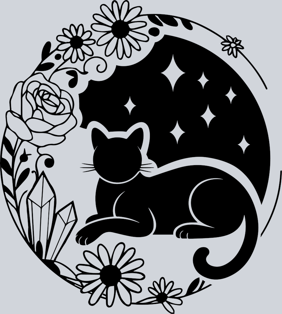 DTF Transfer Cats - Floral lunar frame with sitting cat and stars