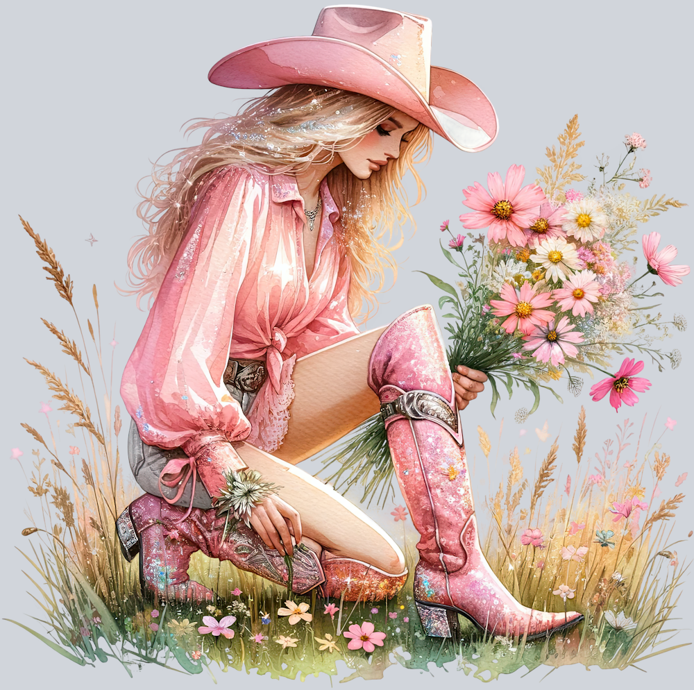 DTF Transfer Western - Cowgirl Picking Flowers