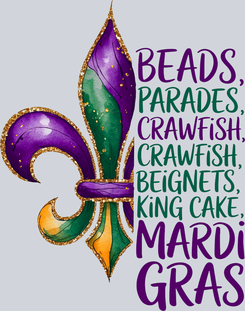 DTF Transfer Mardi Gras - Beads, Parades, Crawfish