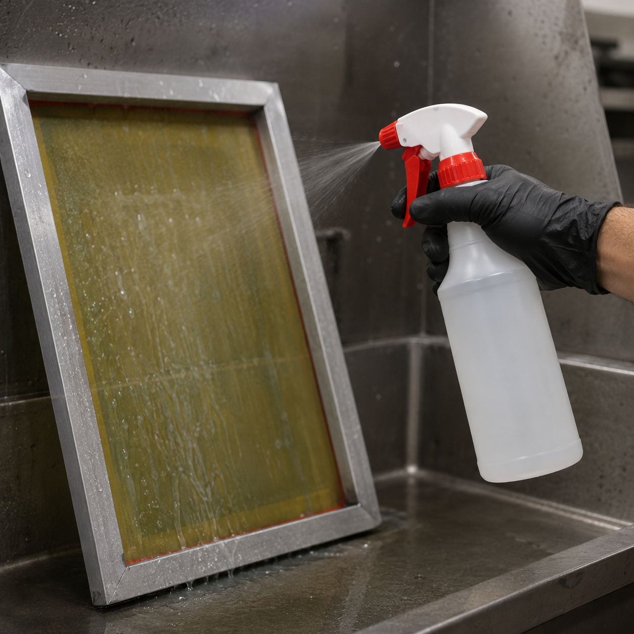 Spraying screen printing reclaimer on a screen in a washout booth