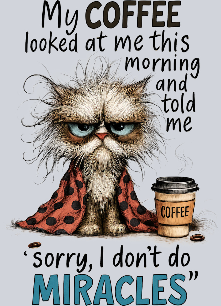 DTF Transfer Cats - My Coffee looked at me this morning and told me sorry I don't do Miracles