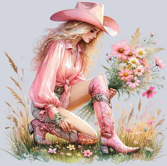 DTF Transfer Western - Cowgirl Picking Flowers