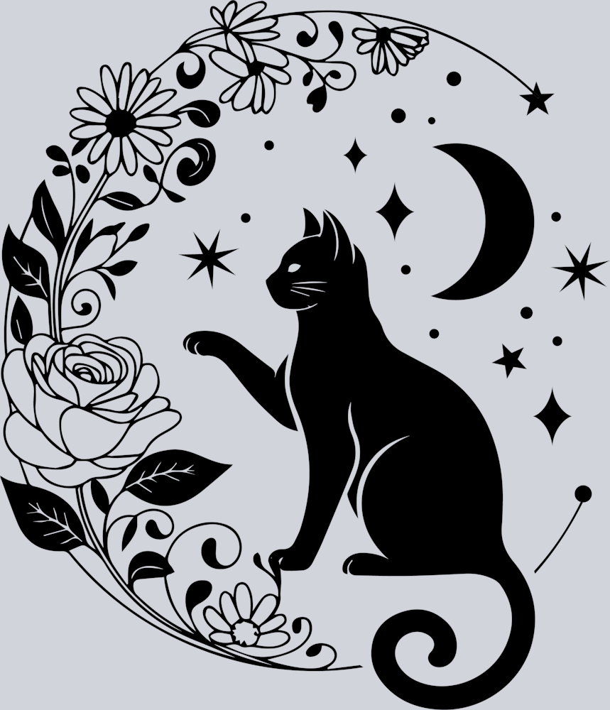 DTF Transfer Cats - Floral Moon frame with cat and stars